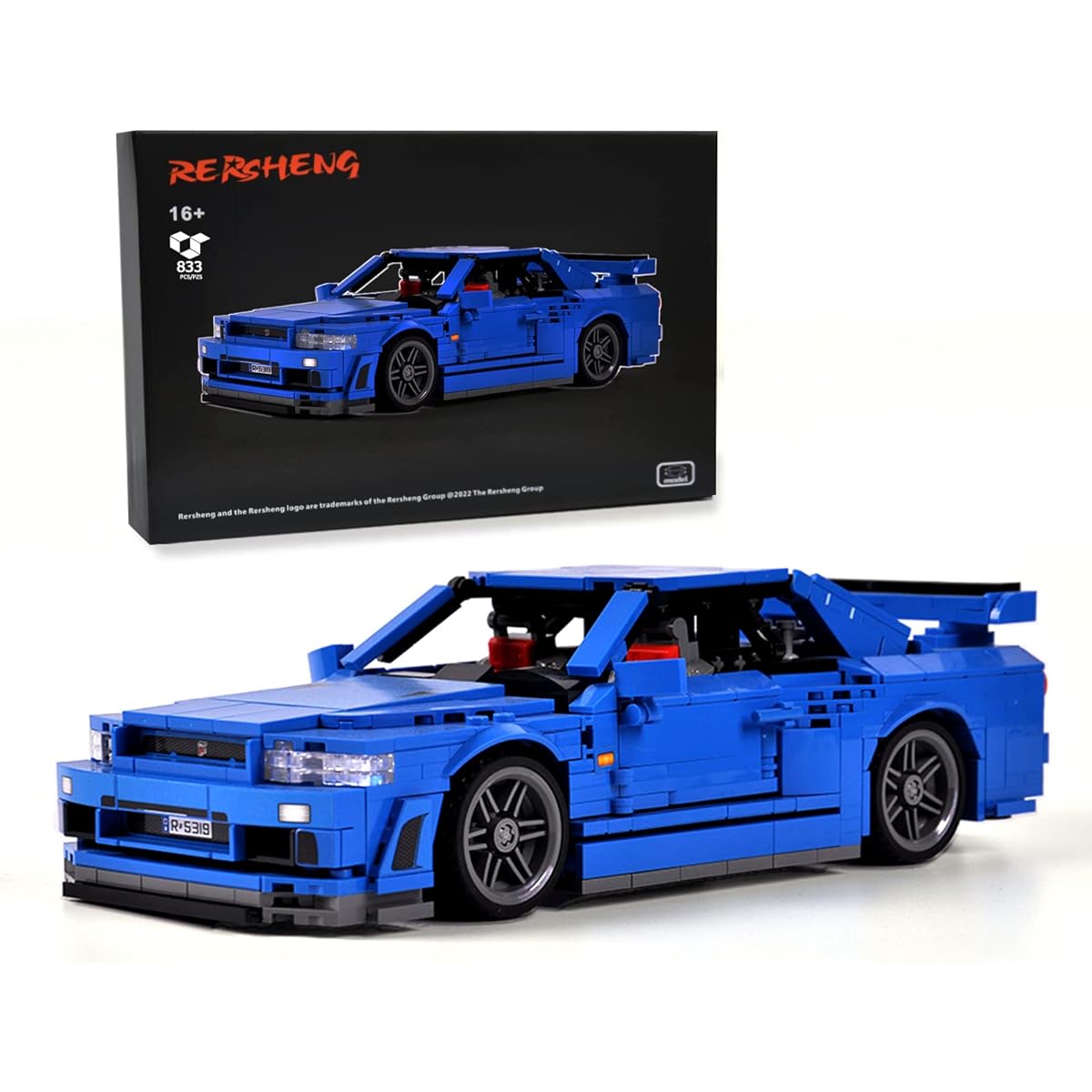 Rersheng 1:14 Scale Supercar Model Mini Sports Car JDM GTRS R34 MOC Technic Building Blocks Engineering Toys Adult Collectible Model Car Kits (833 Pieces)