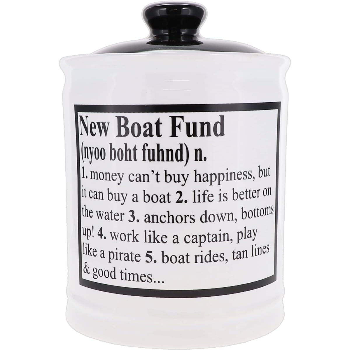 Cottage Creek Pig Money Box Boat Fund Coin Bank Round Ceramic Boat Fund Jar with Black Lid Boat Accessories Boat Gifts White