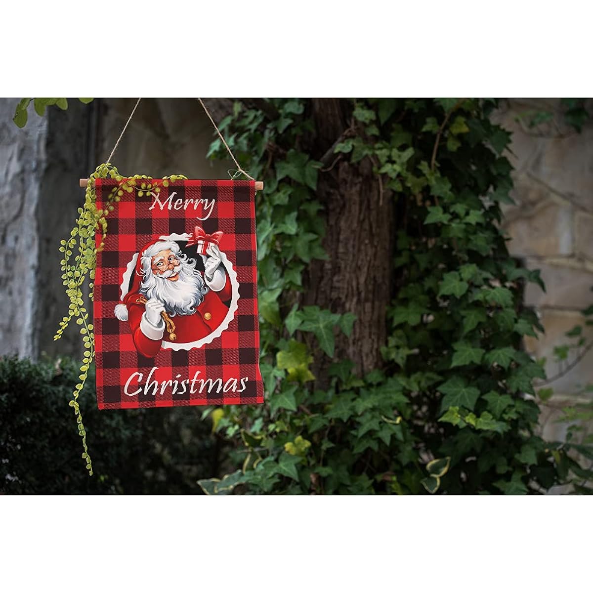 Moslion Santa Claus Merry Christmas Garden Flag 12.5x18 Inch Red Black Buffalo Check Classic Lumberjack Gingham Lattice Garden Flag Burlap Banner Vertical Double Sided Farmhouse Outdoor