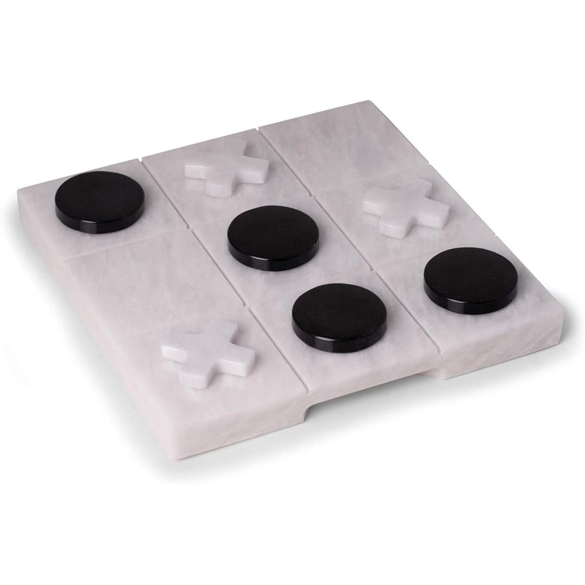 Designer Handcrafted Real Marble Tic Tac Toe Game Set with White Marble Playing Board and Jet Black and White Marble Playing Pieces - Perfect Coffee Table Decor, Family Game