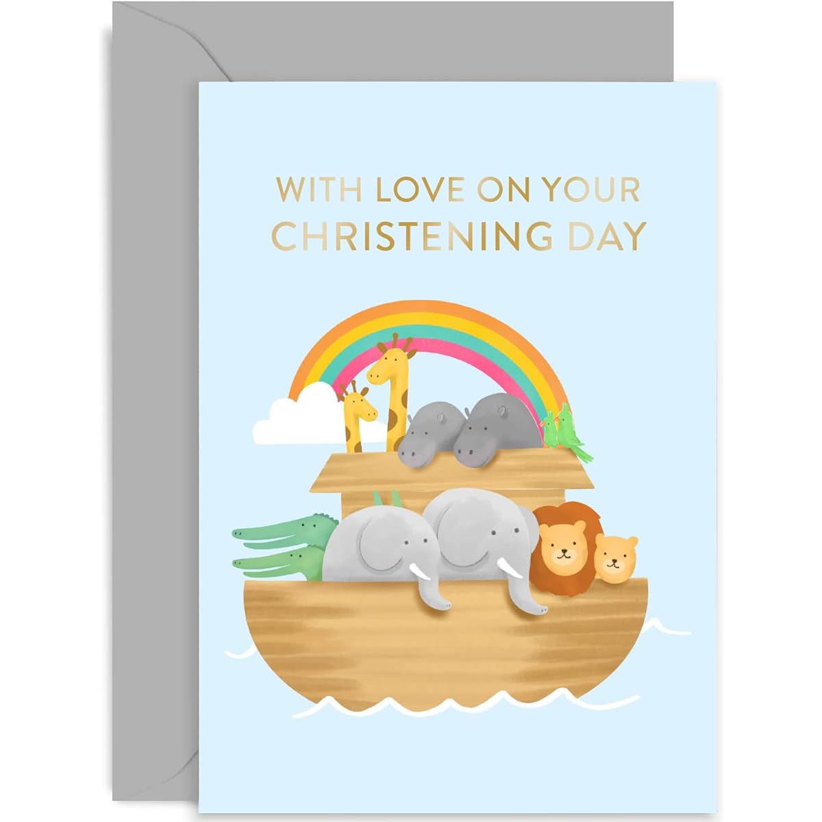 Old English Co. Noah's Ark Christening Card for Boys/Girls - Cute Animal Christening Card for Godson, Goddaughter, Niece, Nephew, Grandchild | Blank Inside Comes with Envelope