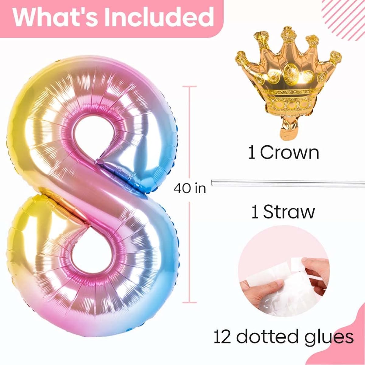 Captain Decor 8 Number Balloons 40" Rainbow Gradient with Removable Crown - Easy to inflate, deflate and reuse. Premium Foil Mylar Balloons for Birthday Anniversary Party Decorations