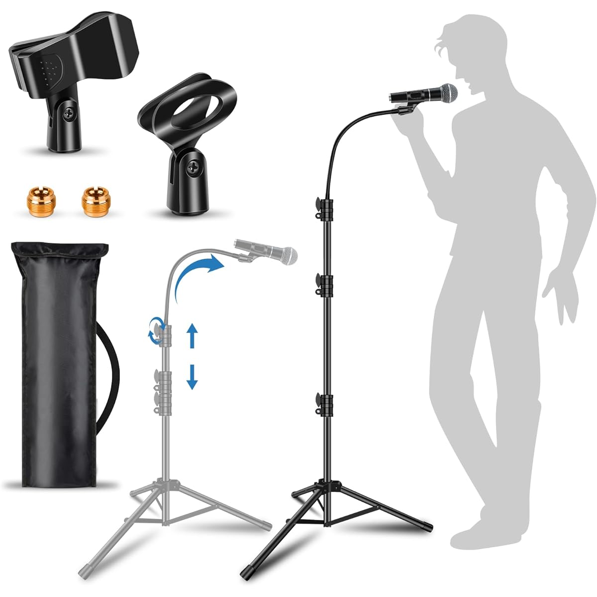 Microphone Stand Detachable Gooseneck Microphone Stand Microphone Arm Height Adjustable Adjustable from 24" to 67" Includes 2 Microphone Clips for Singing and Lectures