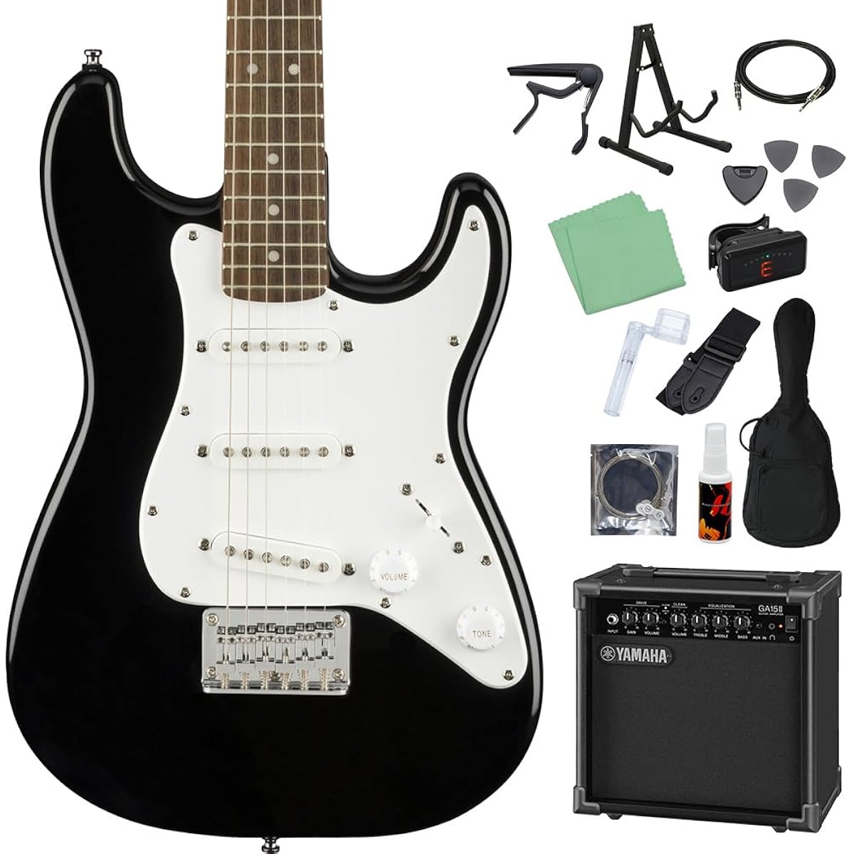 Squier by Fender Mini Strat Laurel Fingerboard Black Electric Guitar Beginner 14-piece Set with GA15II Strat Mini Guitar Squier Squier