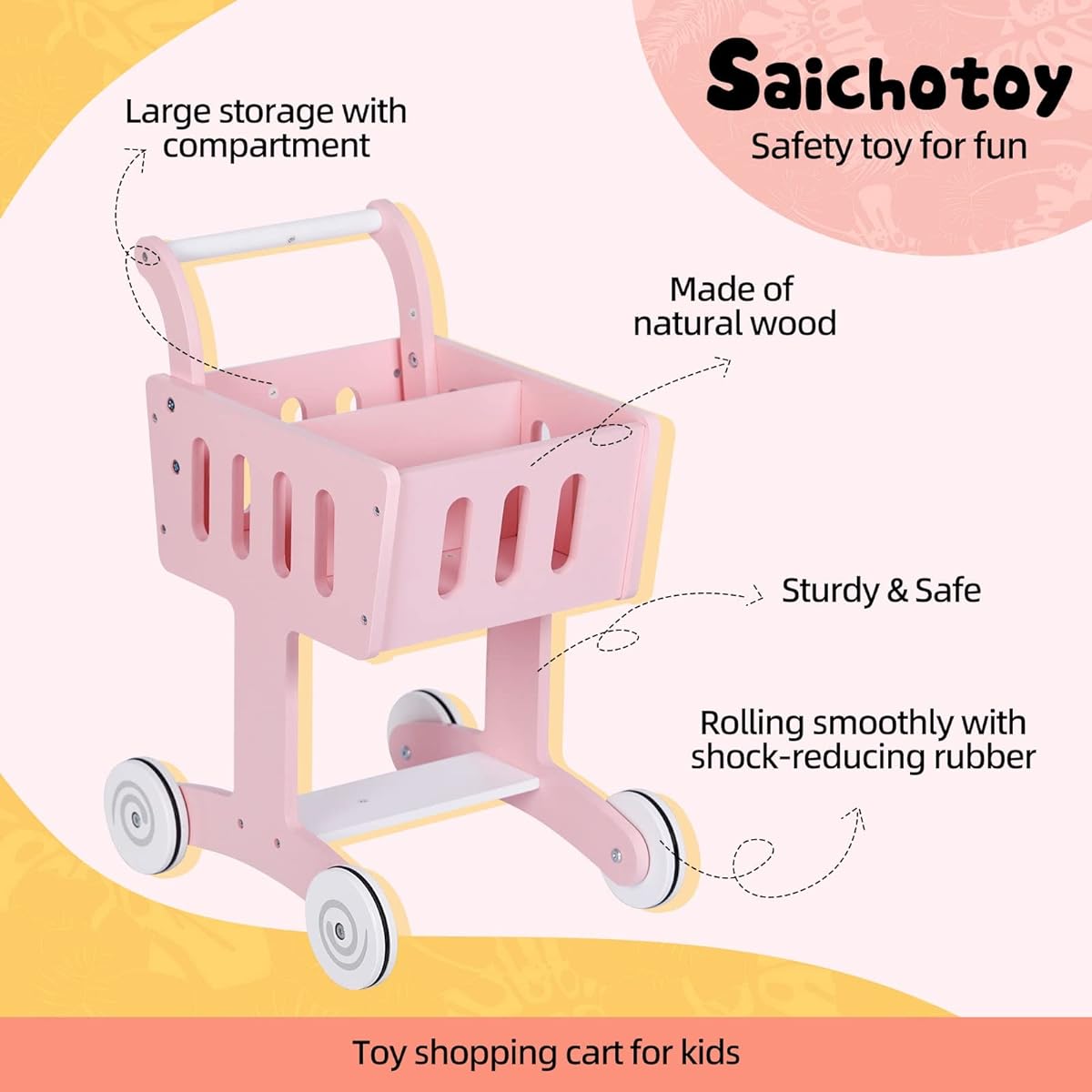 Saichotoy Pink Toy Shopping Cart, Grocery Cart for Kids and Toddlers, Sturdy Wooden Frame, Baby Push Walker for Girls Ages 1+, Supermarket Pretend Play Shopping Cart