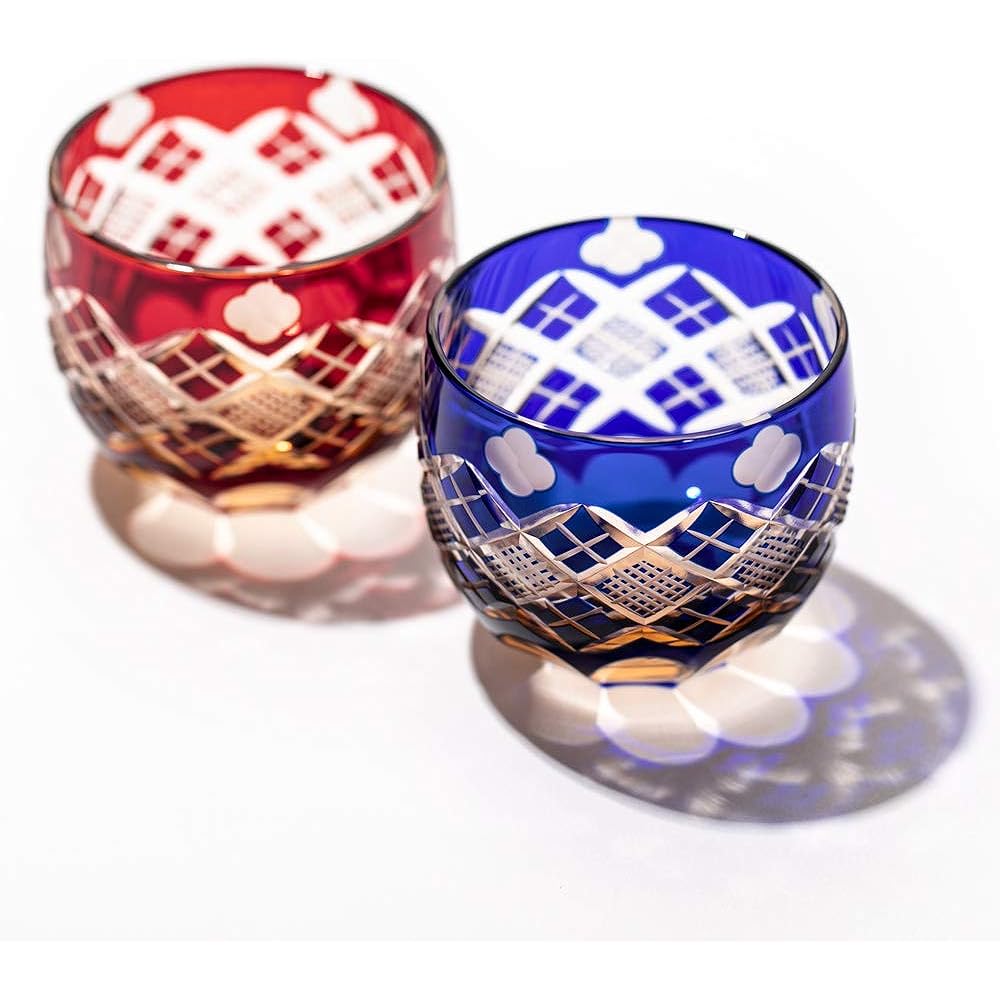 [Taimuro Kobo Official] Edo Kiriko Yotsuba with Yarai Uoko crest pair of drinking glasses (Amber red, Amber Ruri) TB94400ARB in wooden box Made in Japan