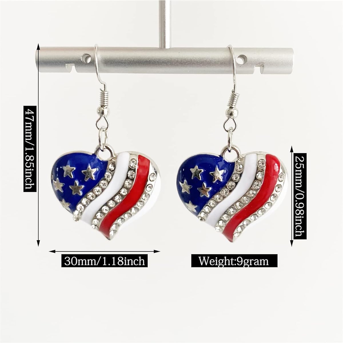 JIUIQL Red White Blue Glitter Crystal Patriotic American Flag Dangle Drop Earrings for Women Girls 4th of July Metal Star Love Hook Earrings Jewelry Independence Day Party Favors Decorative Accessories Kids Birthday Christmas Gift