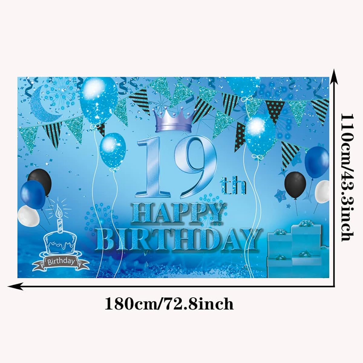 Happy 19th Birthday Backdrop Banner, Blue 19th Sign Poster, 19th Birthday Party Supplies, Anniversary Photo Booth Photography Background, Birthday Party Decorations, 72.8 x 43.3 Inch