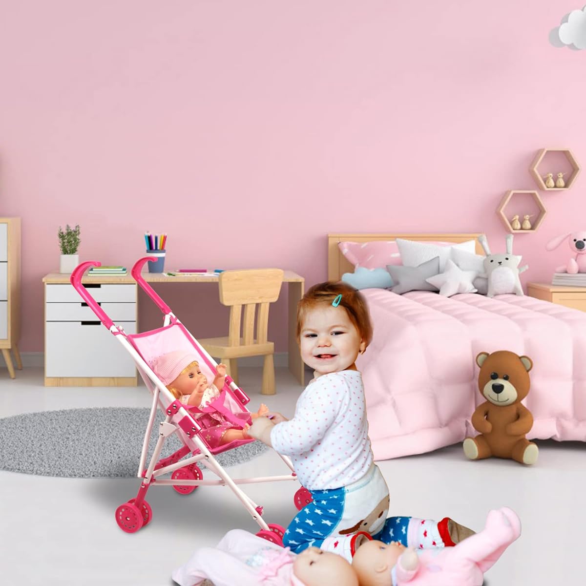 Doll Stroller Toy Anivia Realistic Doll Stroller Heart Design Gift for Toddlers and Girls Foldable Baby Doll Stroller Toy Pink 102