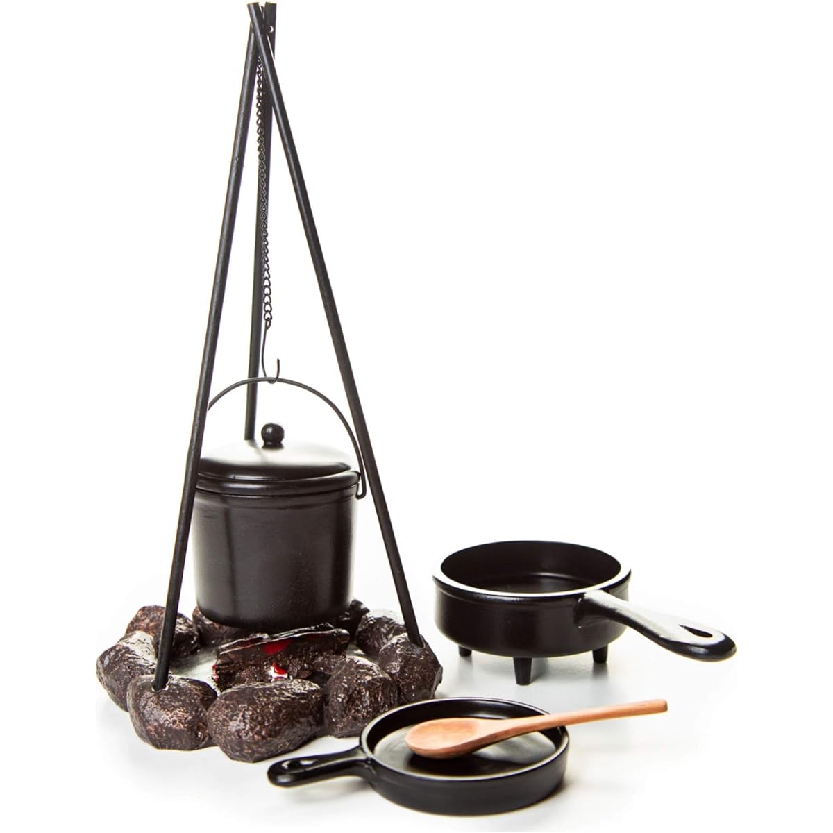 Little House on the Prairie Cooking Set with Fire Pit, Cauldron, Tripod, Skillet, Spider Fryer, Wooden Spoon, Accessories Fits 18" American Girl Doll