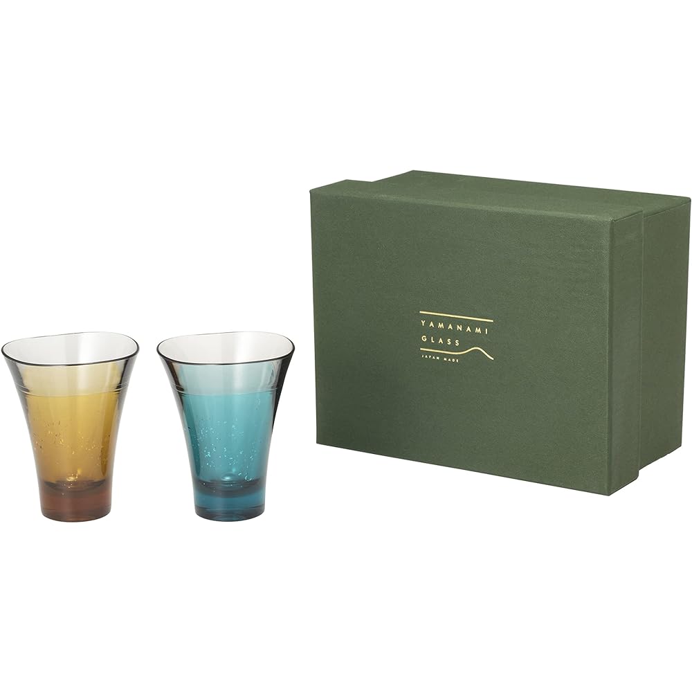 YAMANAMI Glass, paulownia box, choco, 2 colors, Japanese-made gold leaf/silver leaf, 60ml, gift, dishwasher safe, heat resistant, 100 degrees, warranty included, camping, outdoor, for children, made in Japan (yellow/sky blue)