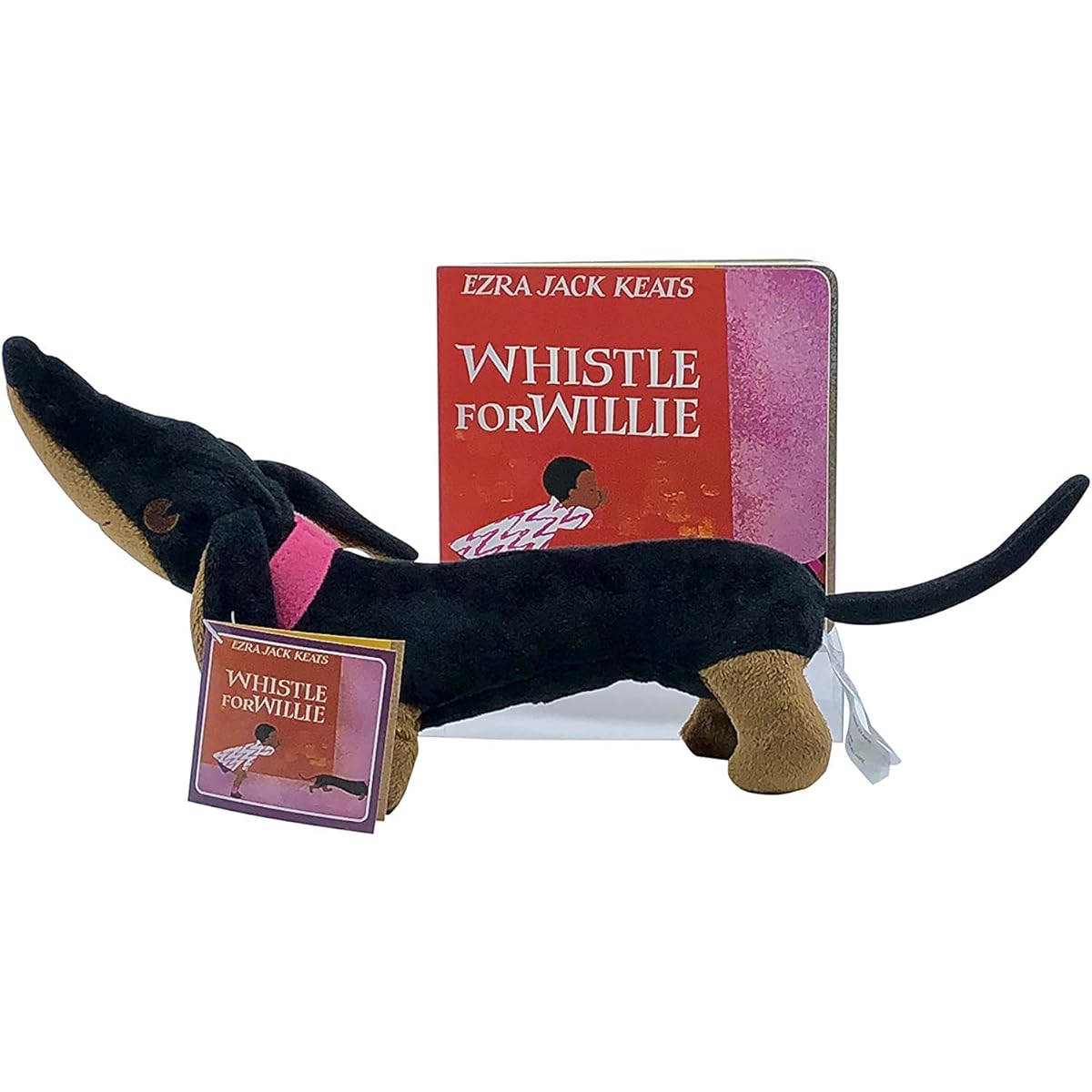 Ezra Jack Keats Gift Set Whistle for Willie Board Book Merrymakers Dachshund Stuffed Animal Dog & We 3 Books Gift Bag (Educational Classics for Practice and Learning)