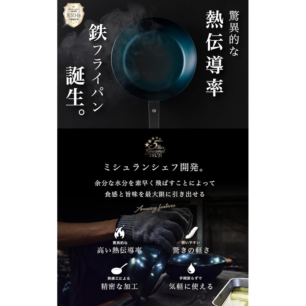 Iron frying pan Tetsu 24cm No seasoning required IH compatible Lightweight Produced by Tetsuya Tsuji 5 Star Gourmet TSUJI
