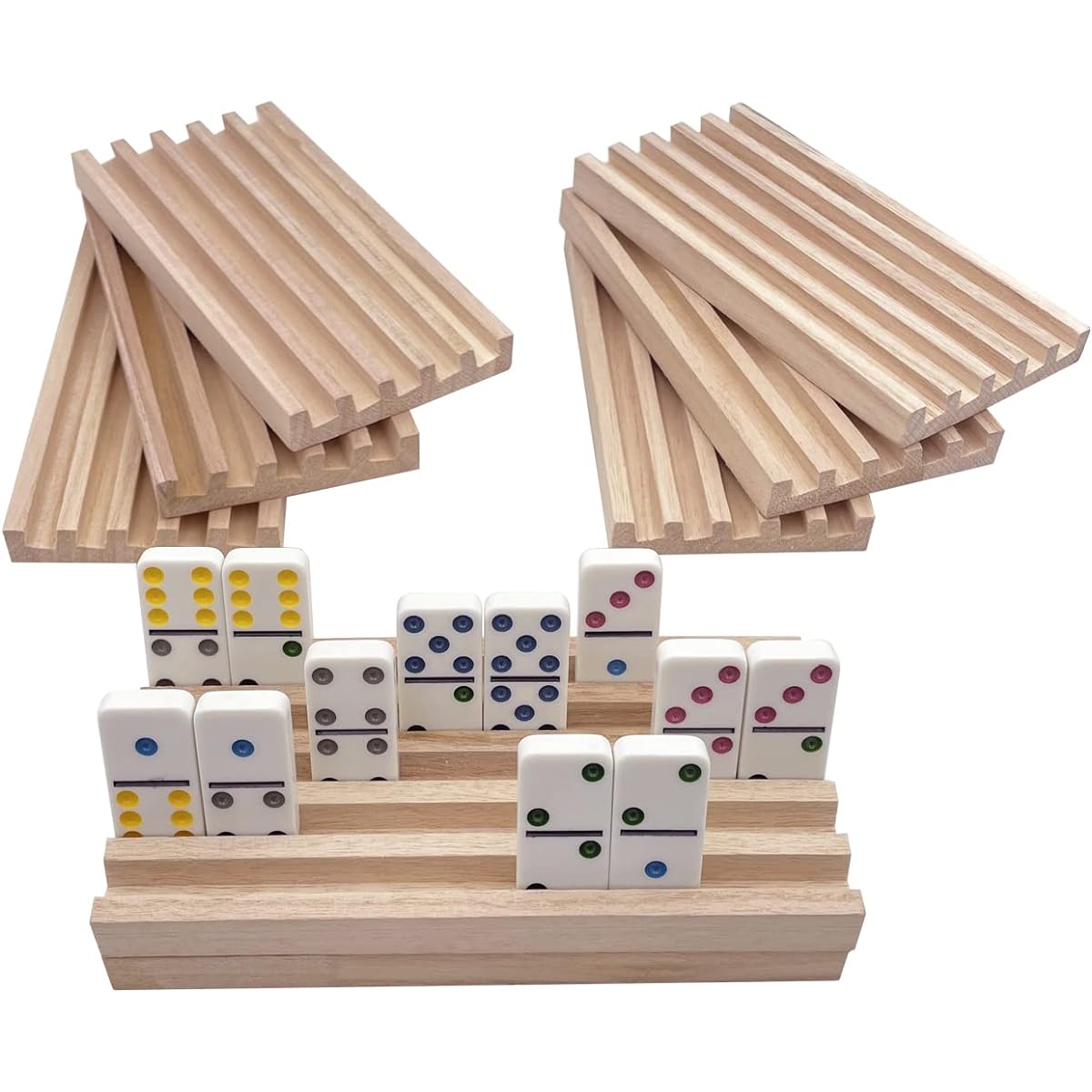 SUTIMSHE Mexican Trademino Trays Set of 8 Natural Wood Domino Rack Domino Tile Holder for Chicken Foot and Other Domino Games (Dominos Not Included)