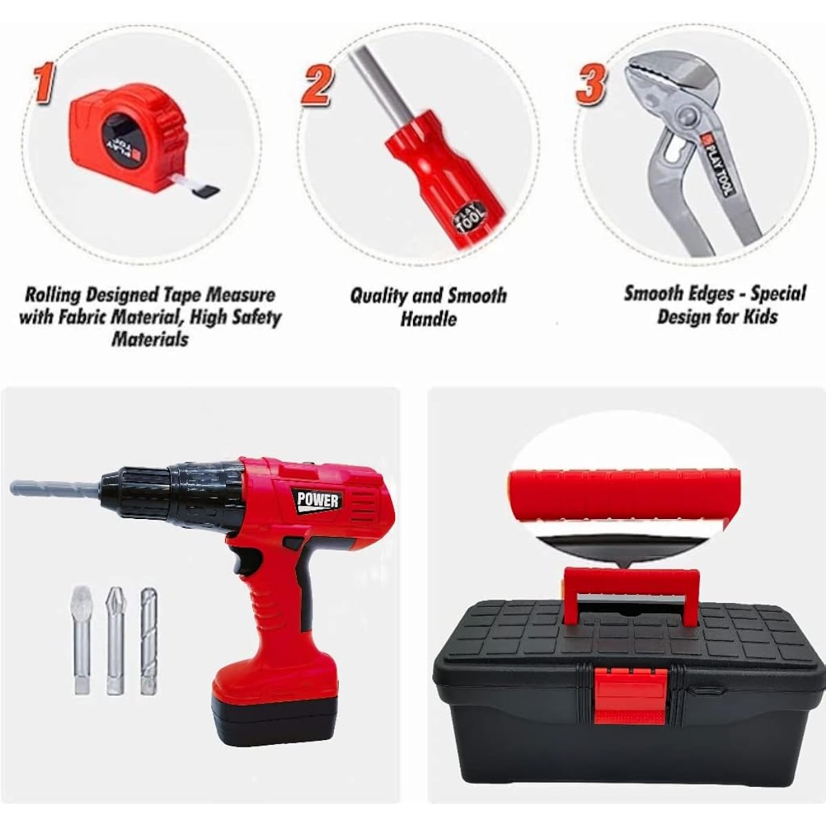 Mocethoa Kids Tool Set Kit, Pretend Play Set, 48 Pieces Tool Toys for Toddlers, Electric Drill Gifts for Boys Girls Kids Toddlers Ages 3 4 5 6 7 8+ (Red)