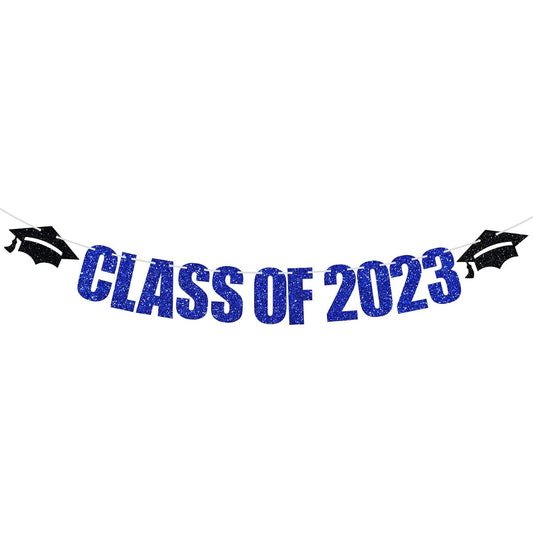 2023 Graduation Banner, Congrats Grad 2023 Graduation Theme Party Decorations Supplies, Black and Blue Glitter