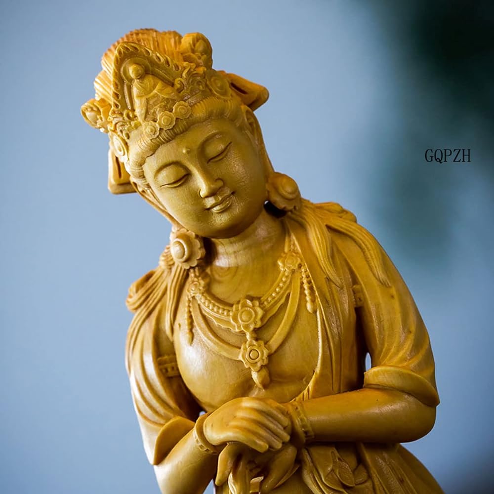Wood Carving Buddha Statue Kannon Statue Kanzeon Bodhisattva Statue 20cm High Quality Natural Boxwood Wood Carving Art Figure Protective Principal Image Amulet
