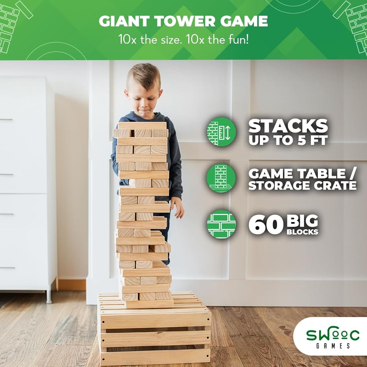 SWOOC Games - Giant Tower Game | 60 Large Blocks | Storage Crate/Outdoor Game Table | Starts at 2+ Feet | Maximum Height 5 Feet | Authentic Jumbo Topped Yard Game | Jumbo Backyard Set