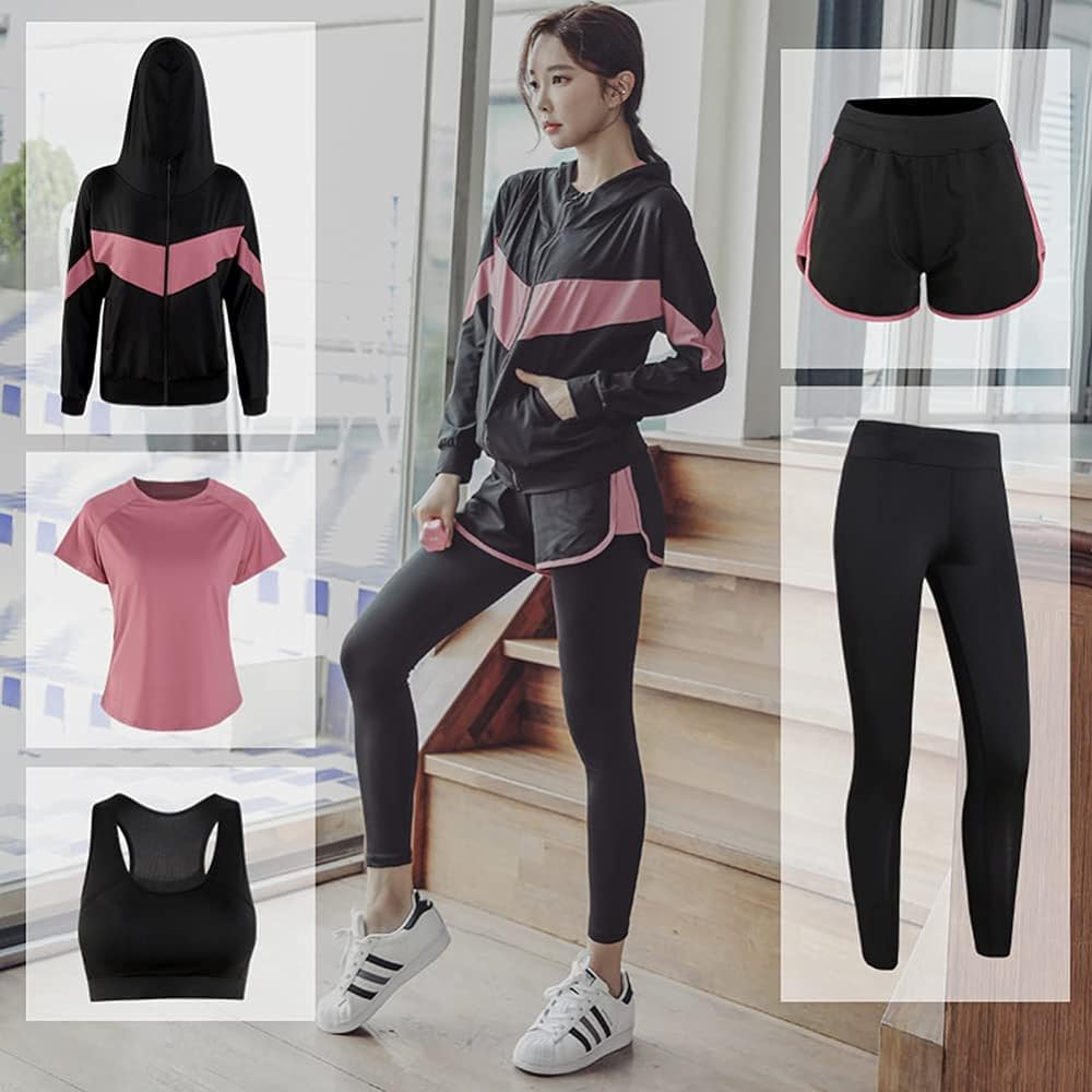 [CARLIE KLOSS] Yoga Wear, Women's Sportswear, Suit, 5 Piece Set, Fitness, Sweat Absorbent, Quick Drying, Breathable, Stretchable, Training, Running, Gym, Top and Bottom Set