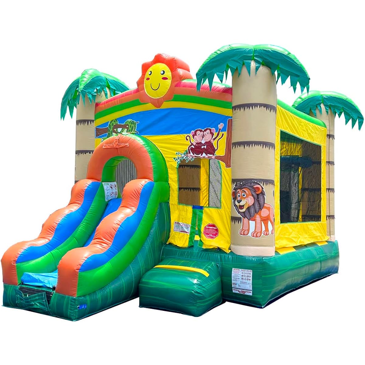 Inflatable Bounce House with Slide for Kids 12 x 12 x 18 ft - Backyard Tropical Jungle Castle Smiley Face Combo Bouncer Outdoor Toy Jumper for Kids - Blower, Stakes, Storage Bag