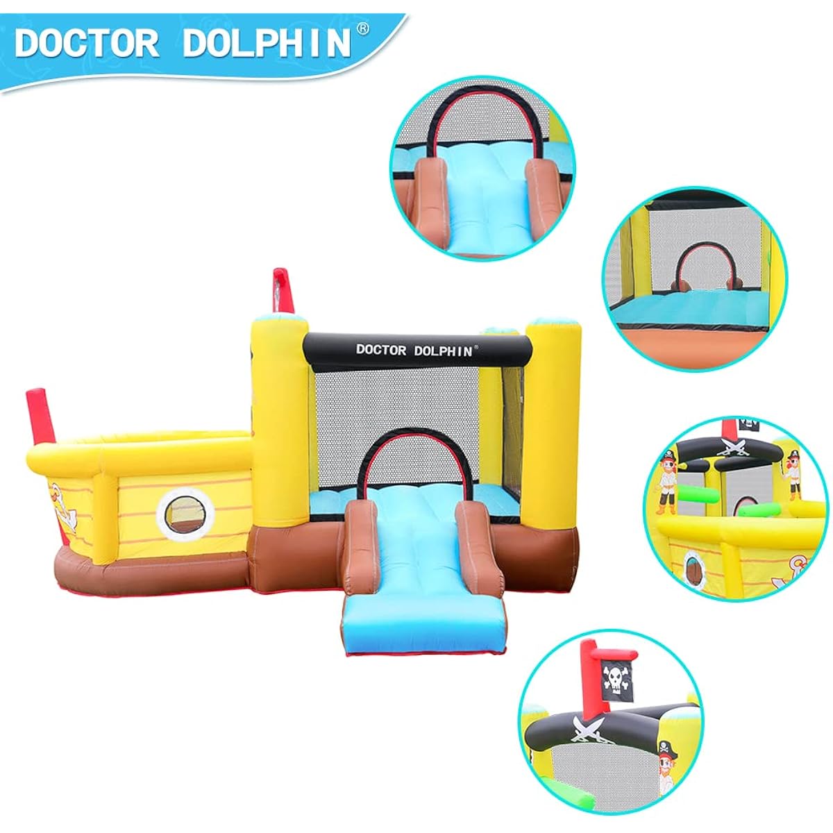 Doctor Dolphin Bounce House Inflatable Slide with Obstacles, Blower, Pirate Ship Theme Ball Pit, Basketball Hoop, Inflatable Bouncer for Toddlers and Kids Ages 2-12, Outdoor or Indoor, Wet & Dry