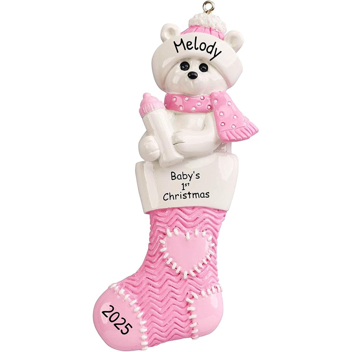 Personalized Baby Polar Bear Pink Stocking Christmas Tree Ornament 2021 - Little Girl Heart Toy Love New Mom Shower God Present Stuffer Holiday Tradition Nursery Granddaughter - Free Customization