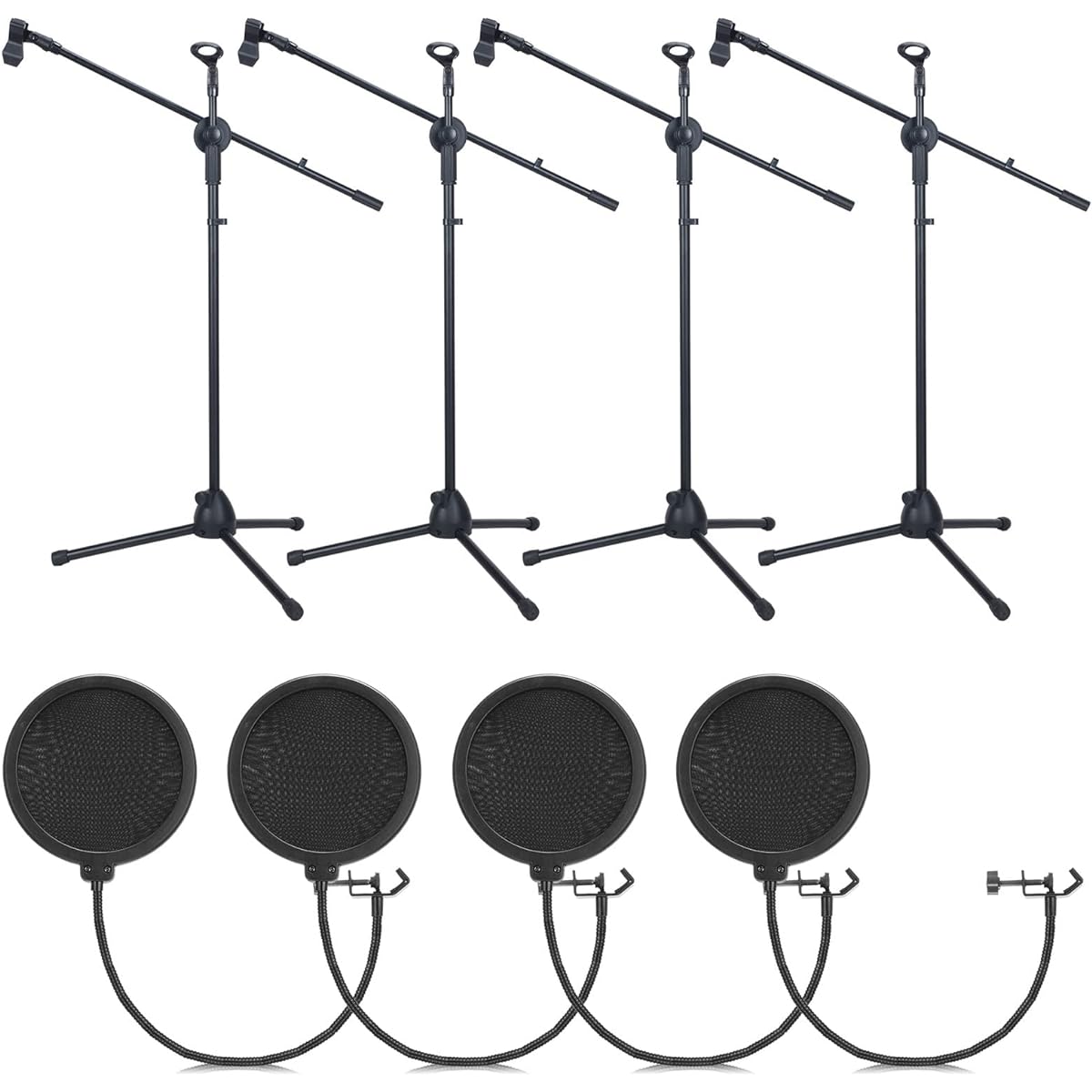 4pcs Tripod Microphone Stand Adjustable Boom Height Mic Stand with Microphone Clip and Windshield, Foldable Overhead Boom Stand for Live Stream Singing Stage Performance Studio Up to 60" Height