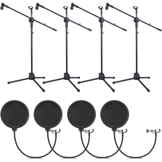 4pcs Tripod Microphone Stand Adjustable Boom Height Mic Stand with Microphone Clip and Windshield, Foldable Overhead Boom Stand for Live Stream Singing Stage Performance Studio Up to 60" Height