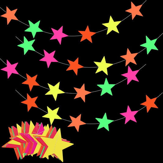 60ft Star Neon Garland Hanging Paper Glow Party Neon Party Hanging Decoration Birthday Wedding Neon Party Background Decoration Supplies (4 Pieces)