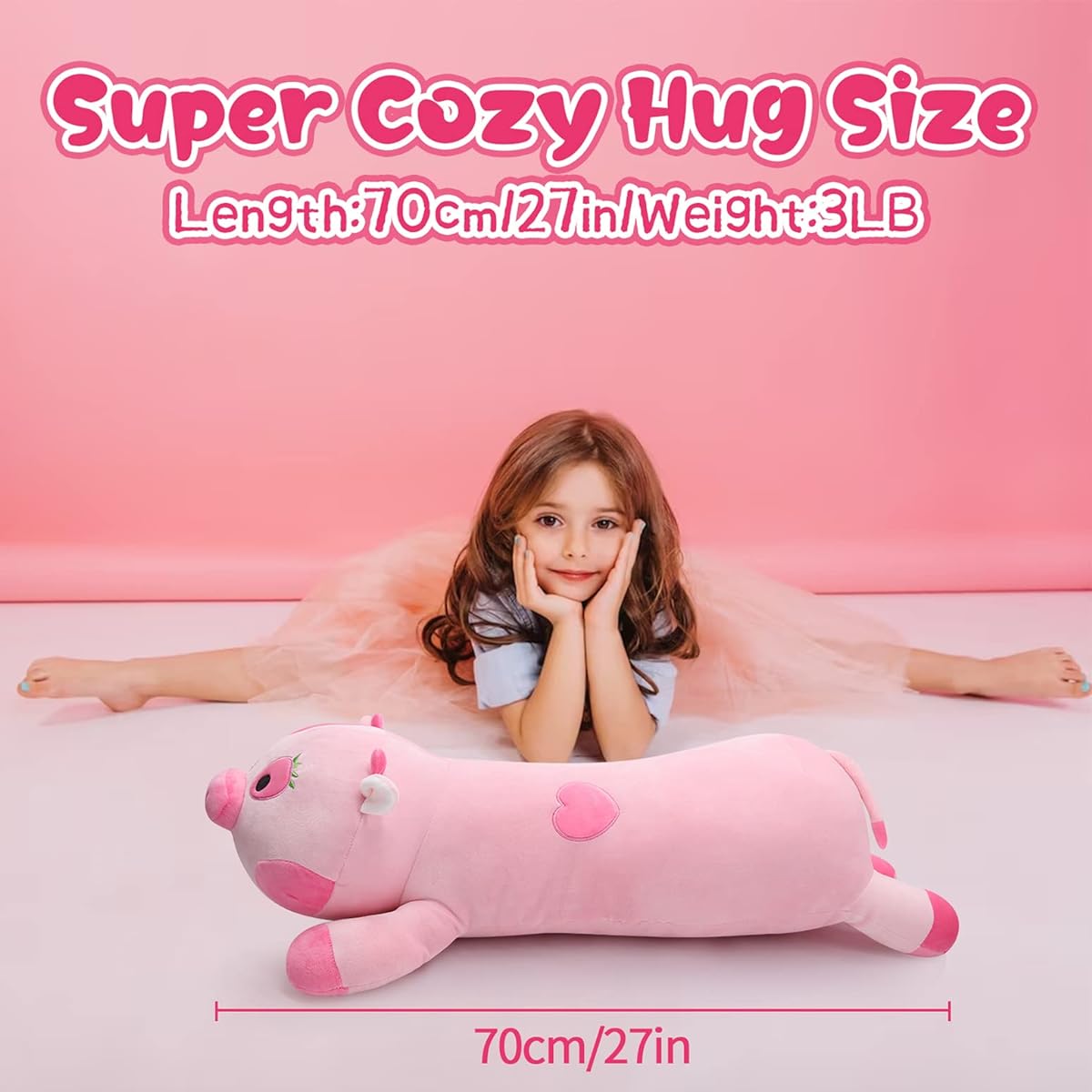 KOPHINYE Weighted Stuffed Cow - 27.5 Inches 3 lbs Kaiwii Weighted Stuffed Animal for Anxiety Relief Cute Strawberry Cow Weighted Stuffed Animal Large Cow Pillow Gift for Kids and Adults