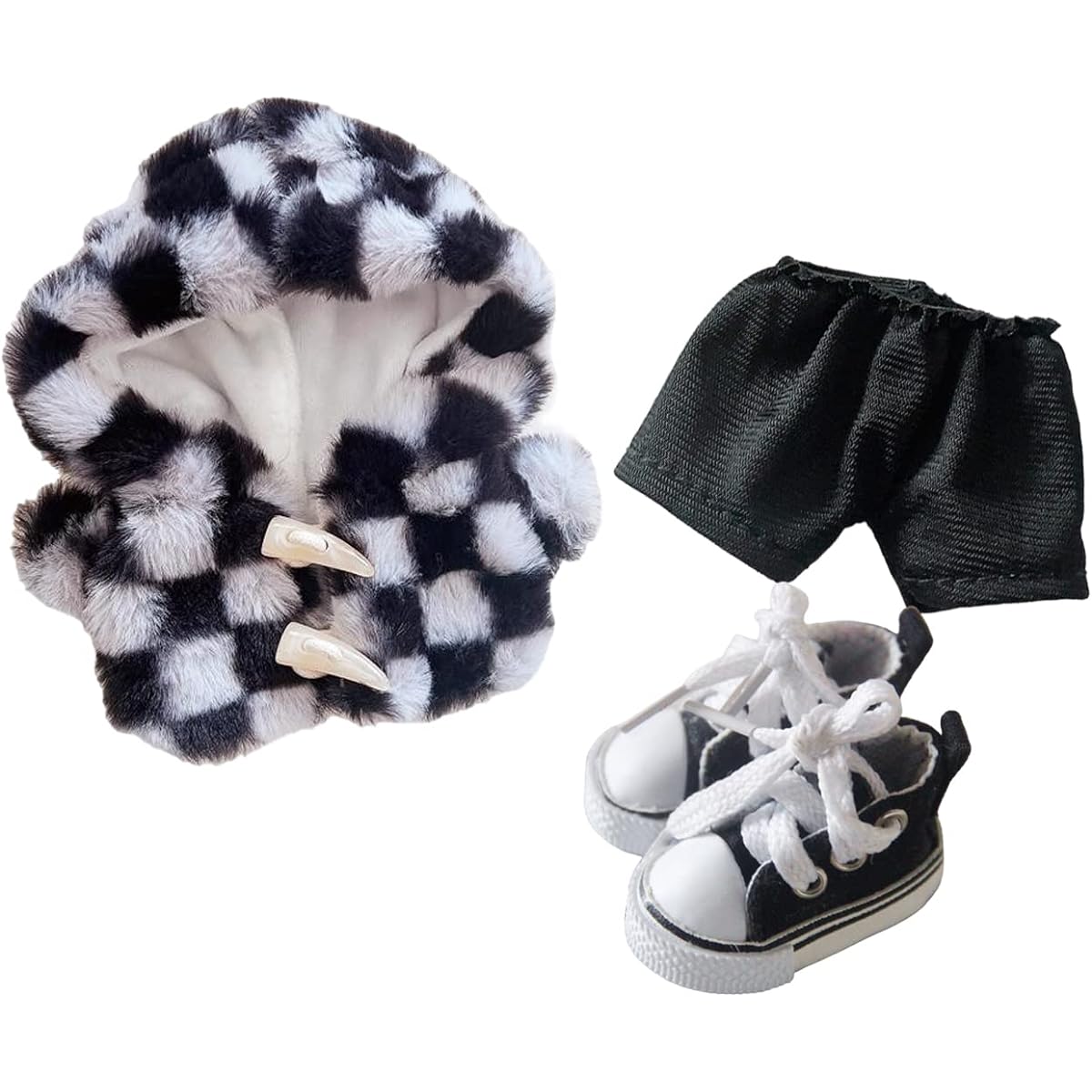 20cm Plush Doll Outfit Set Kpop Doll Outfit Plush Coat Pants Shoes for 8 Inch Stuffed Doll Soft Stuffed Dress Up Play (Check-White/Black)