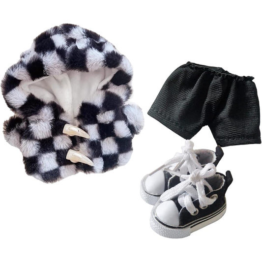 20cm Plush Doll Outfit Set Kpop Doll Outfit Plush Coat Pants Shoes for 8 Inch Stuffed Doll Soft Stuffed Dress Up Play (Check-White/Black)