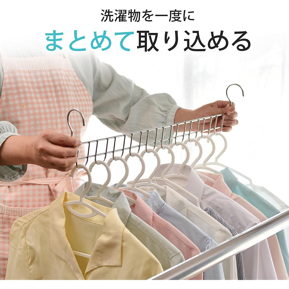 Shimomura Kikaku 10-row hanger, set of 2 [Made in Japan] Can be hung evenly spaced, Prevents skewing, Takes all together, Can be dried in the bathroom, Dry outside, Dry indoors, Stainless steel, Drying laundry Tsubame Sanjo 45036