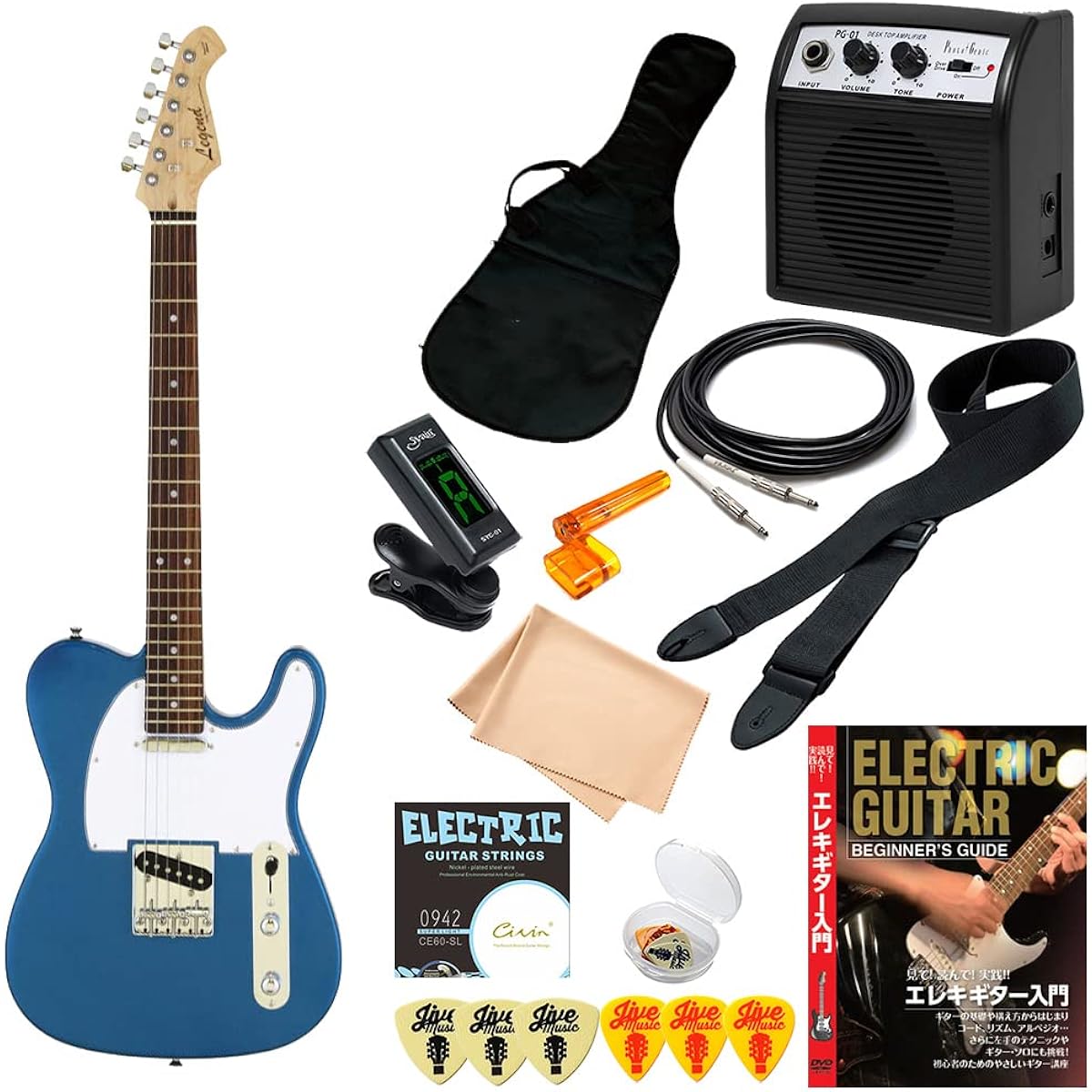 Electric Guitar Beginner Set 12 Pieces Legend LTE-Z Metallic Blue Telecaster Type