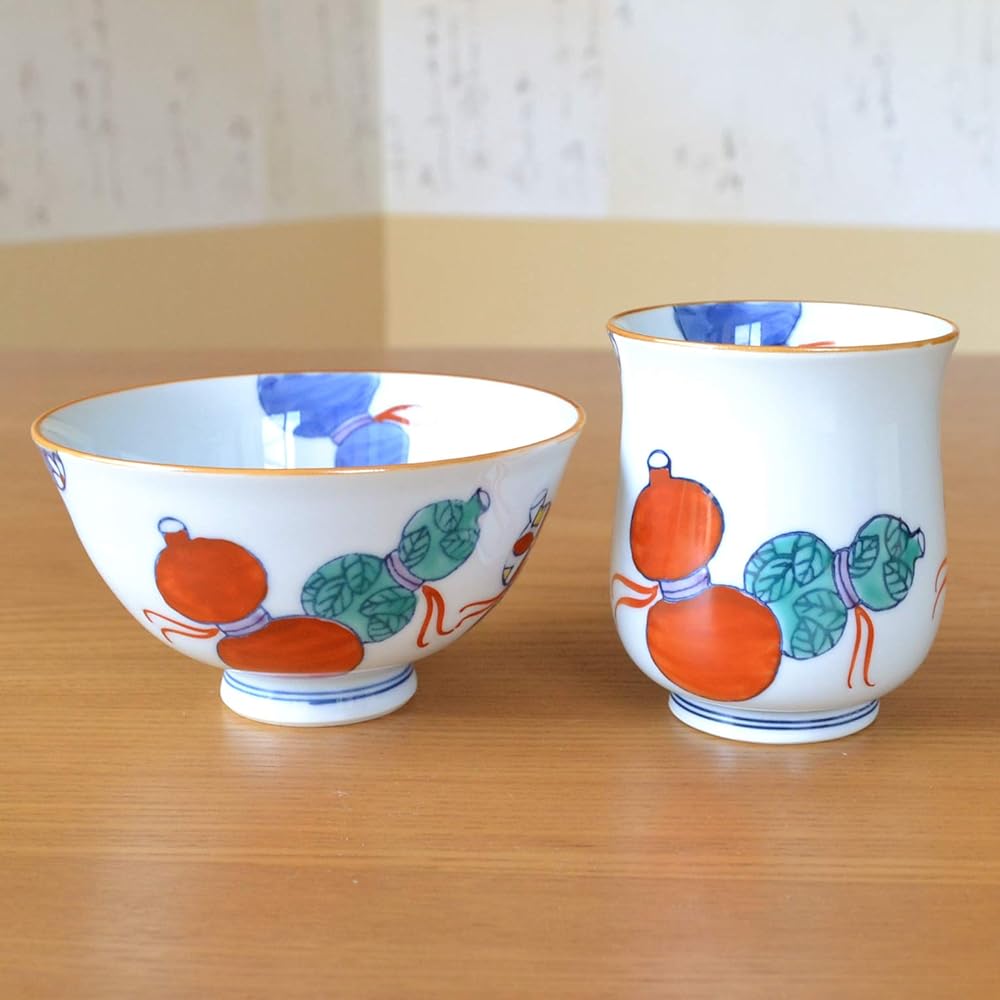 Umbrella longevity celebration, lucky charm gift for good health, Arita ware teacup, tea bowl, rice bowl set, Nabeshima six gourds, red, with noshi and message card, in wooden box