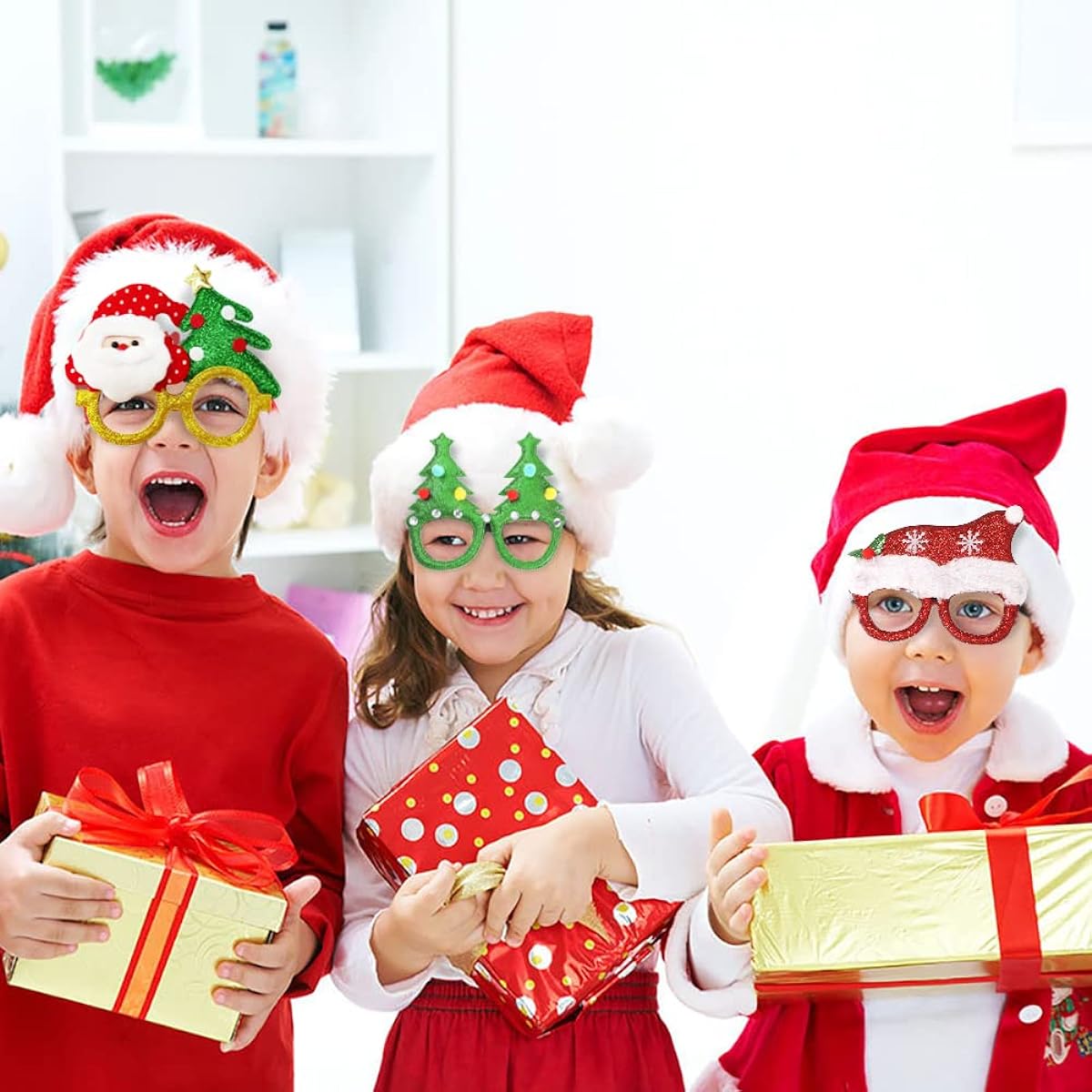 CAMIRUS 10pcs Christmas Glasses Glitter Party Eyeglasses Frames Costume Sunglasses for Kids Adults Christmas Party Favors Supplies Holiday Photo Decoration