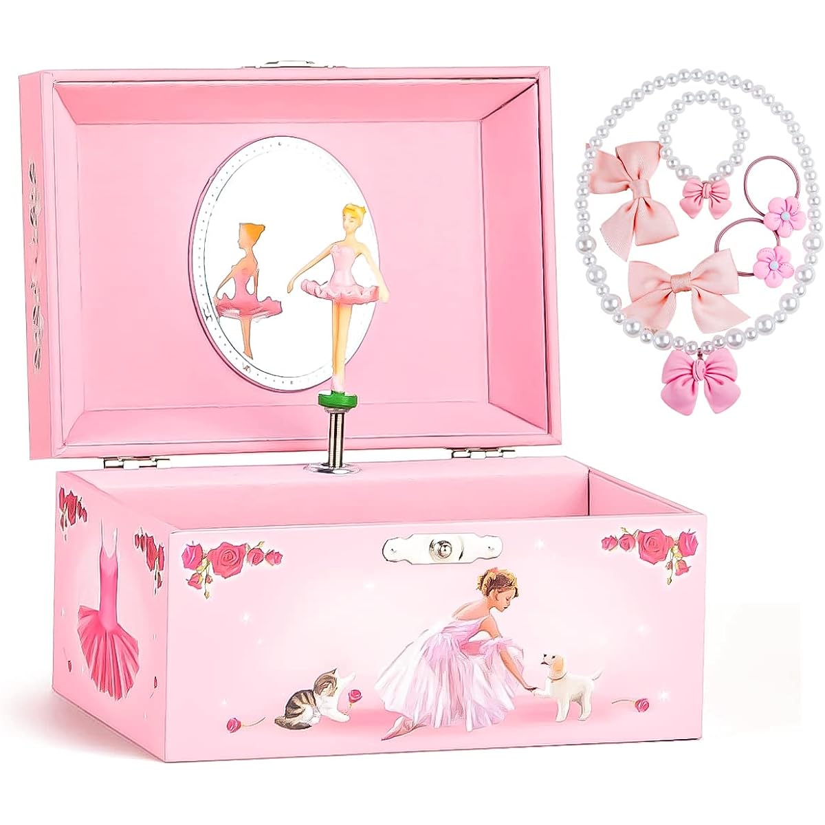 Musical Jewelry Storage Box for Girls, Spinning Ballerina Theme Musical Jewelry Box for Kids with Jewelry Set for Little Girls, Daughter, Granddaughter, Birthday Anniversary, Swan Lake Tune