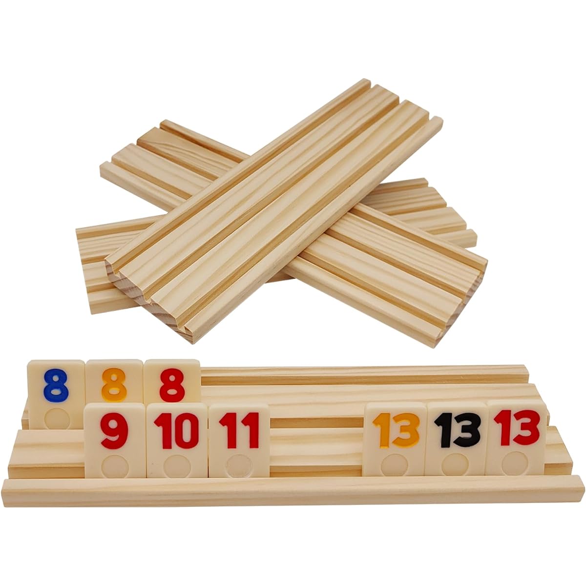 Set of 4 Wooden Rummikub Game Tray/Rack, Rummy Tile Game Holder with 4 Beech Wood Racks for Classic Board Games, Tiles Not Included