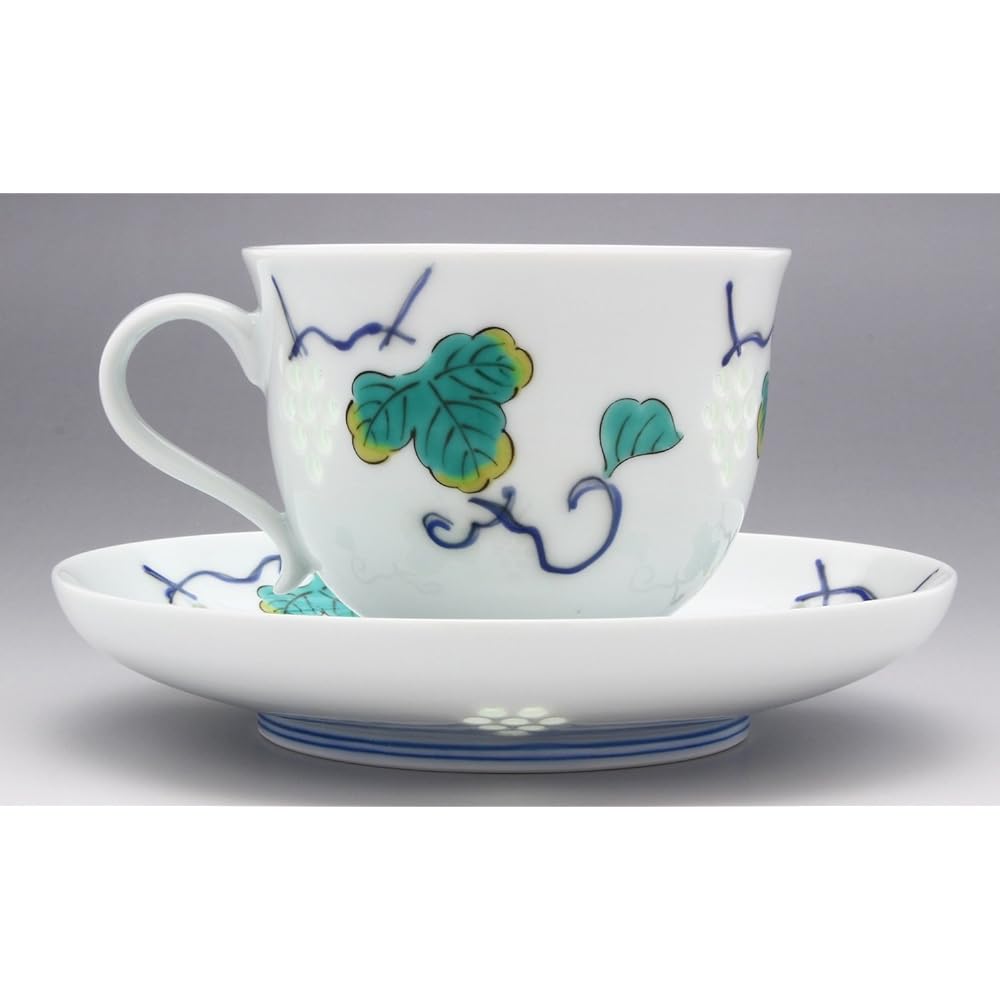 Saisei Ceramic Cup_Saucer White 210ml Hasami Ware Crystal Carving Coffee Bowl Dish Large Grape Painting