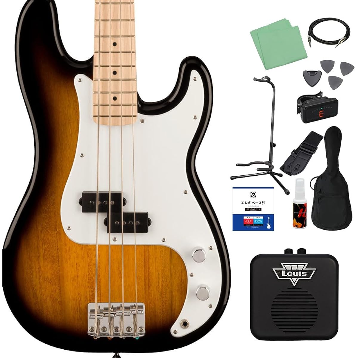 Squier by Fender SONIC PRECISION BASS 2-Color Sunburst 12-piece bass beginner set [with mini amp] Precision bass, maple fingerboard, Squier