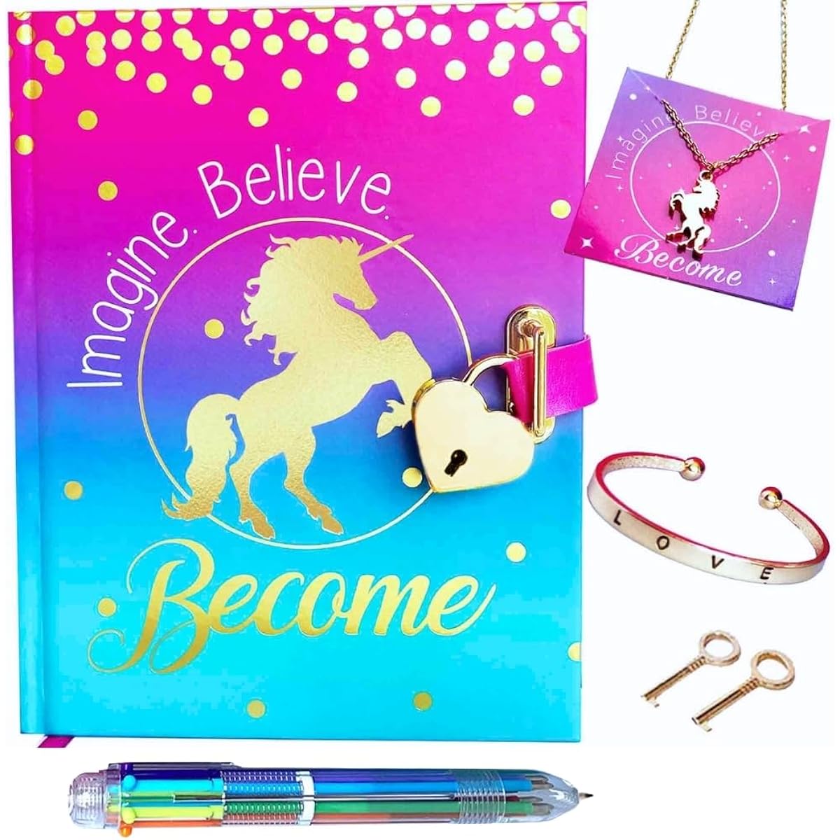 Unicorn Secret Diary Toy with Heart Shaped Lock and Key, Multicolor Push Pen and Gold Bangle Bracelet Gift Set