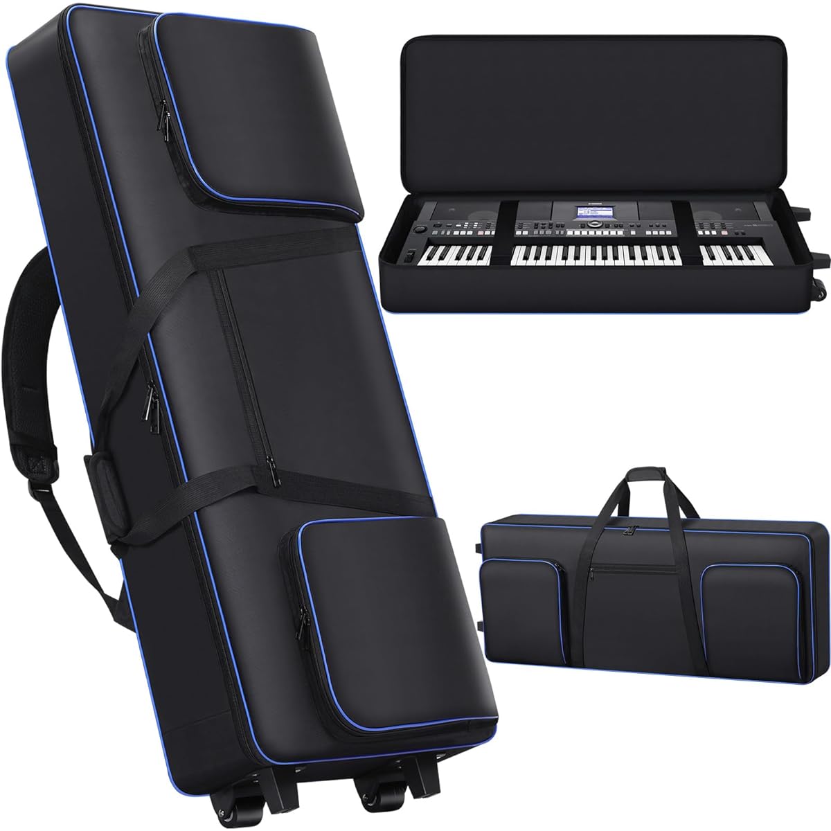 61 Key Keyboard Case with Wheels (Internal Size: 40.9" x 16.5" x 5.5") | 61 Key Keyboard Gig Bag Thick Padded Case | Includes 61 Key Keyboard Rolling Bag, Keyboard Case, Roller Bag, and 3 Pockets. , Black White