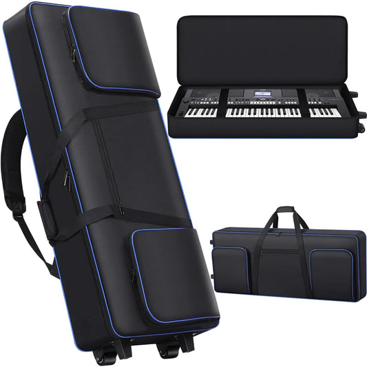 61 Key Keyboard Case with Wheels (Internal Size: 40.9" x 16.5" x 5.5") | 61 Key Keyboard Gig Bag Thick Padded Case | Includes 61 Key Keyboard Rolling Bag, Keyboard Case, Roller Bag, and 3 Pockets. , Black White