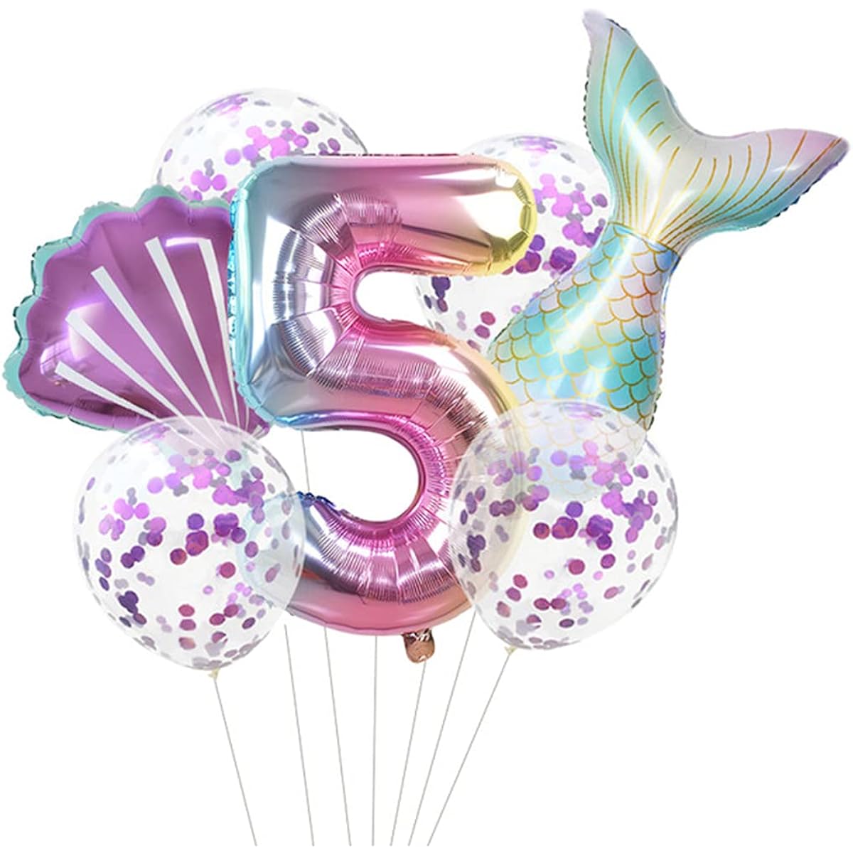 Daimay Birthday Decorations Kit First Birthday Party Supplies Foil Balloons Happy Birthday Party Decorations Mermaid Tail and Shell Glitter Number 5
