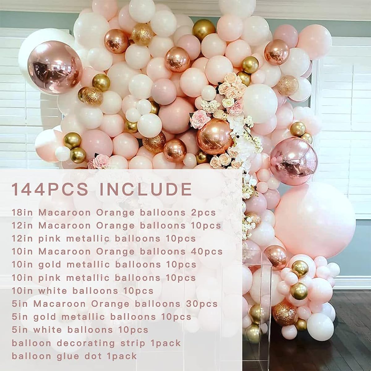 144 Pieces Macaron Orange Gold Metallic Balloon Garland Arch Kit Backdrop Pink Metallic White Balloon Set Perfect for Wedding Birthday Balloon Graduation Party Baby Shower Decoration
