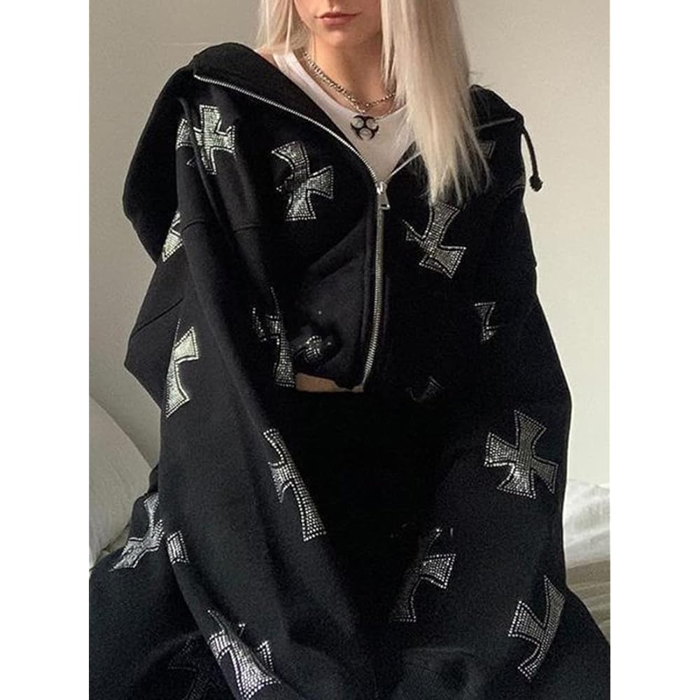 [MEDUOLA] Women's Jacket, Harajuku Style, Street Style, Zip Up Hoodie, Cross Print, Glitter, Casual Sweatshirt, Hooded, Fleece Lining, Cute, Loose, Unisex