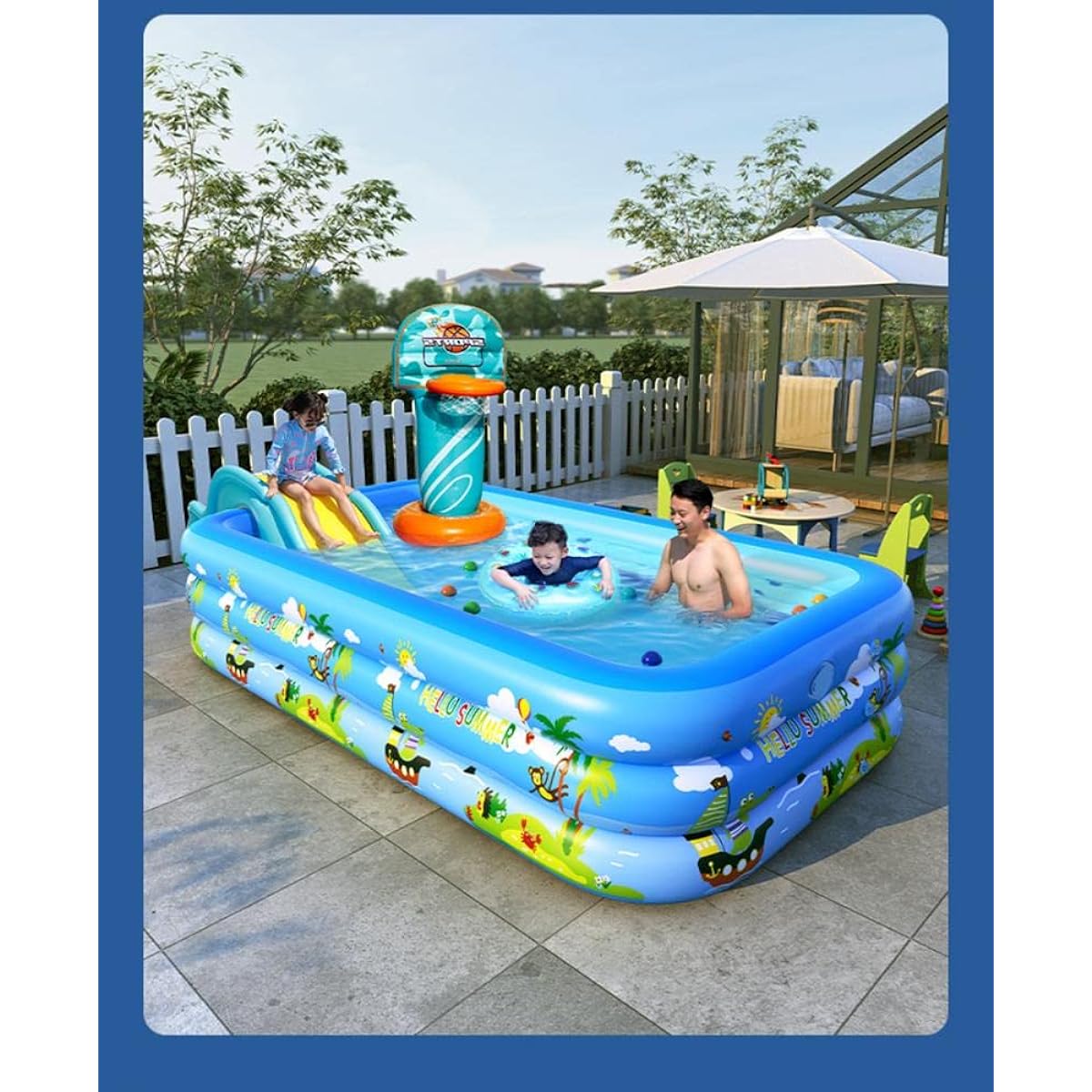 Pool, Foldable, Baby Pool, Adult Pool, Easy to Store, Family Pool, Children's Water Play, Parent-Child Play, Outdoor, Camping, Heat Wave Protection, Summer Protection, Home Use, Indoor Use, Large Pool (2.6m, Three Layers, with Basketball Hoop and Slide)