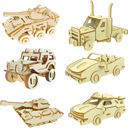 3D Wooden Puzzle - 6 Piece Set Wooden Car Brain Teaser Puzzle - DIY Building Car Construction Model - Wooden STEM Toys Gifts for Kids and Adults, Teens, Boys and Girls