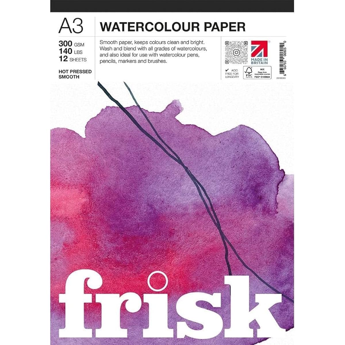 Frisk Watercolour Paper Pad 300gsm Hot Press/Smooth 12 Sheets A3 White