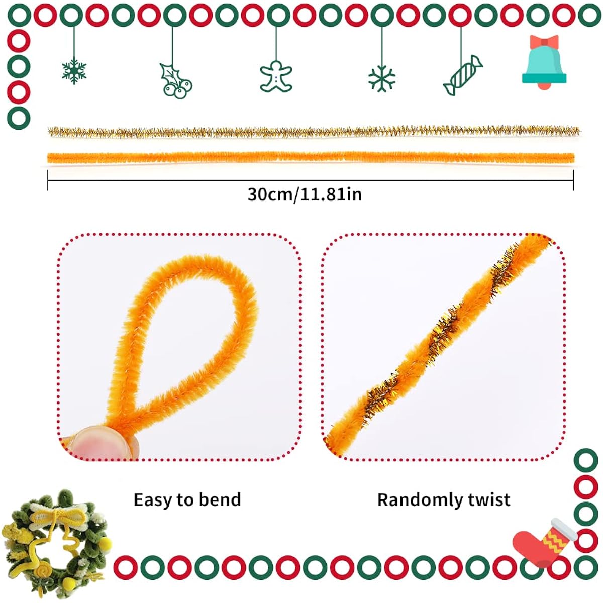 200pcs Christmas Gold Pipe Cleaners Chenille Stems Set 100pcs Orange + 100pcs Glitter Gold Craft Pipe Cleaners DIY Fuzzy Sticks Pipe Cleaners Bulk for Arts & Crafts Christmas Home Decoration